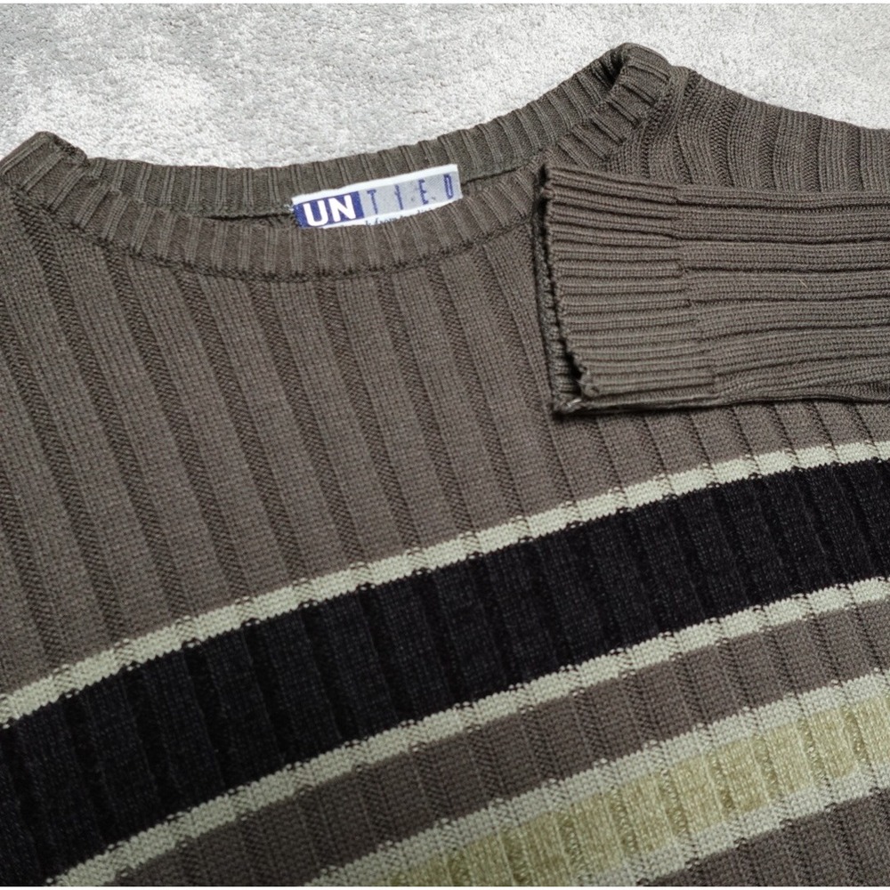 UNTIED Sweater Ribbed Knit Striped 90s Oversized Dark Olive Green Grey Mens M